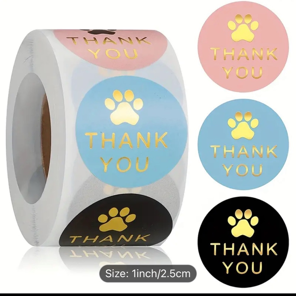 Thank you stickers Dog paws 1" 500pcs each roll.